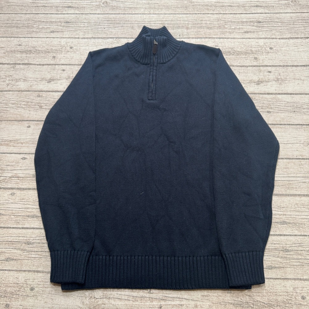 L.L. Bean Sweater Men's Medium Navy Blue Cotton Ribbed Knit Quarter Zip Pullover